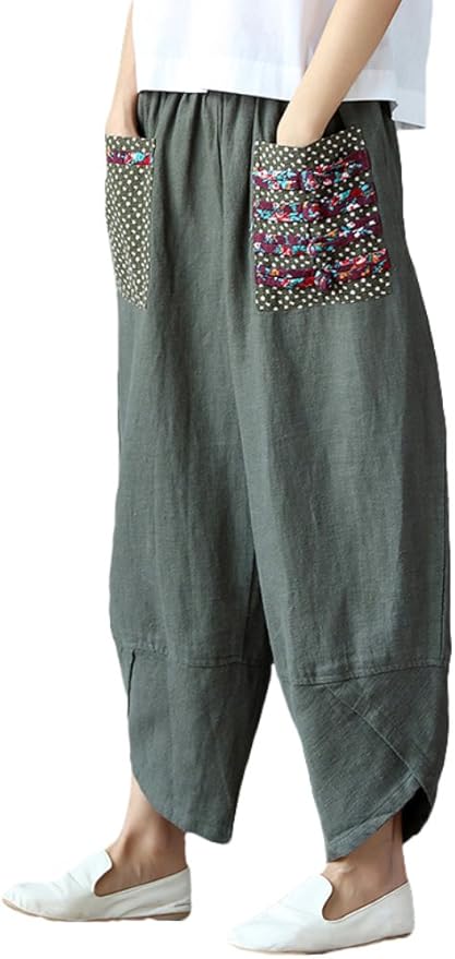 Minibee Women's Baggy Linen Wide Leg Trousers for Comfort