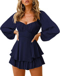 Women Off Shoulder Romper Lantern Sleeve Ruffle Tie Mini - Flattering