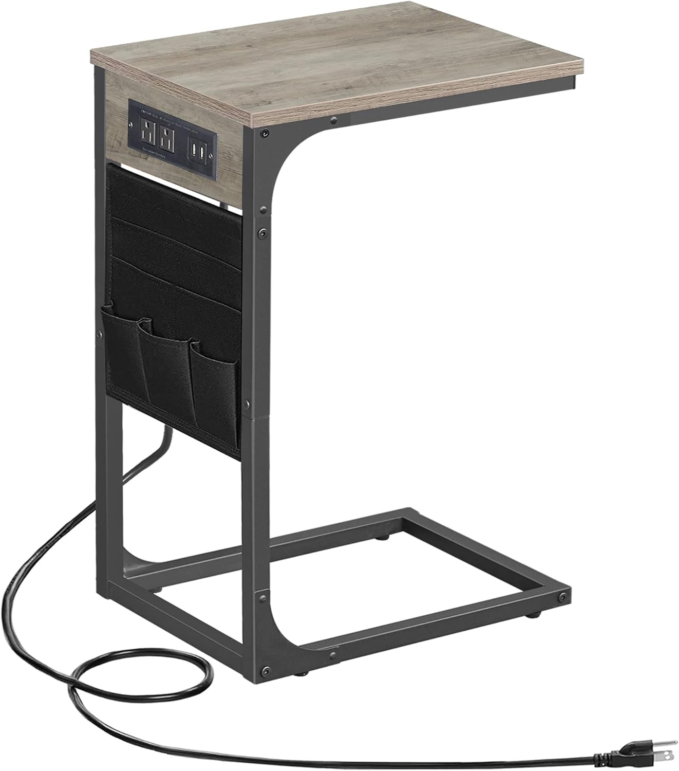 C Shaped End Table with Charging Station and Storage Bag