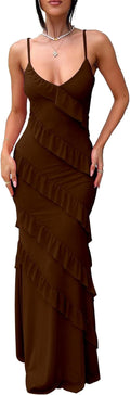 HOCILLE V Neck Backless Bodycon Maxi Dress - Elegant Ruffle Fit Shoes