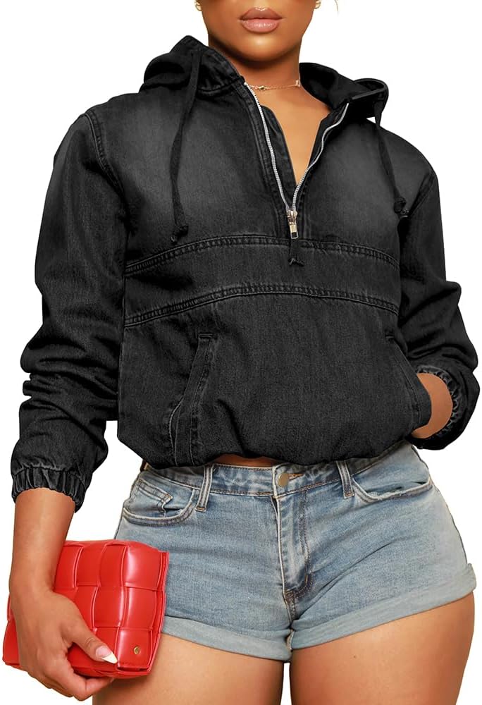 Women's Half Zip Denim Hoodie Pullover for Stylish Comfort