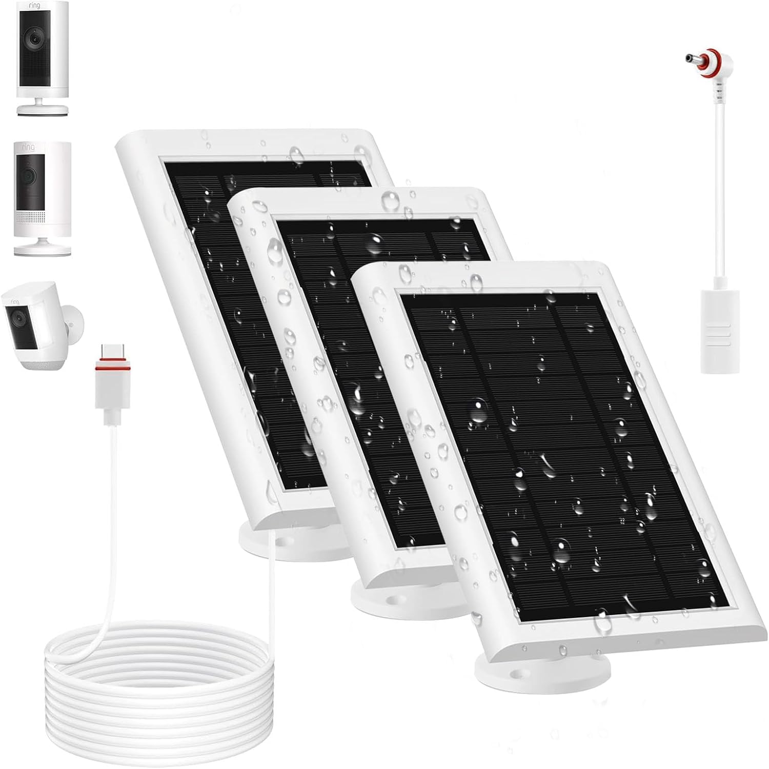 3 Pack Ring Camera Solar Panels - Dustproof, Waterproof, Long Cable 