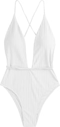 Ribbed One Piece Swimsuit Deep V Neck Monokini - Flattering Crisscross