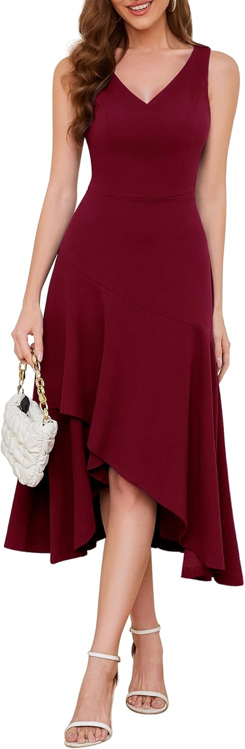Aupuls Womens Midi Formal Dress High Low Ruffle V Neck Style