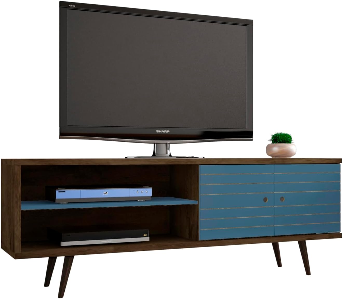 Mid Century Modern TV Stand, 63 Wide, Rustic Brown/Aqua
