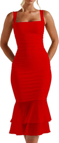 Women's Sexy Bodycon Ruched Square Neck Midi Dress - Sleeveless