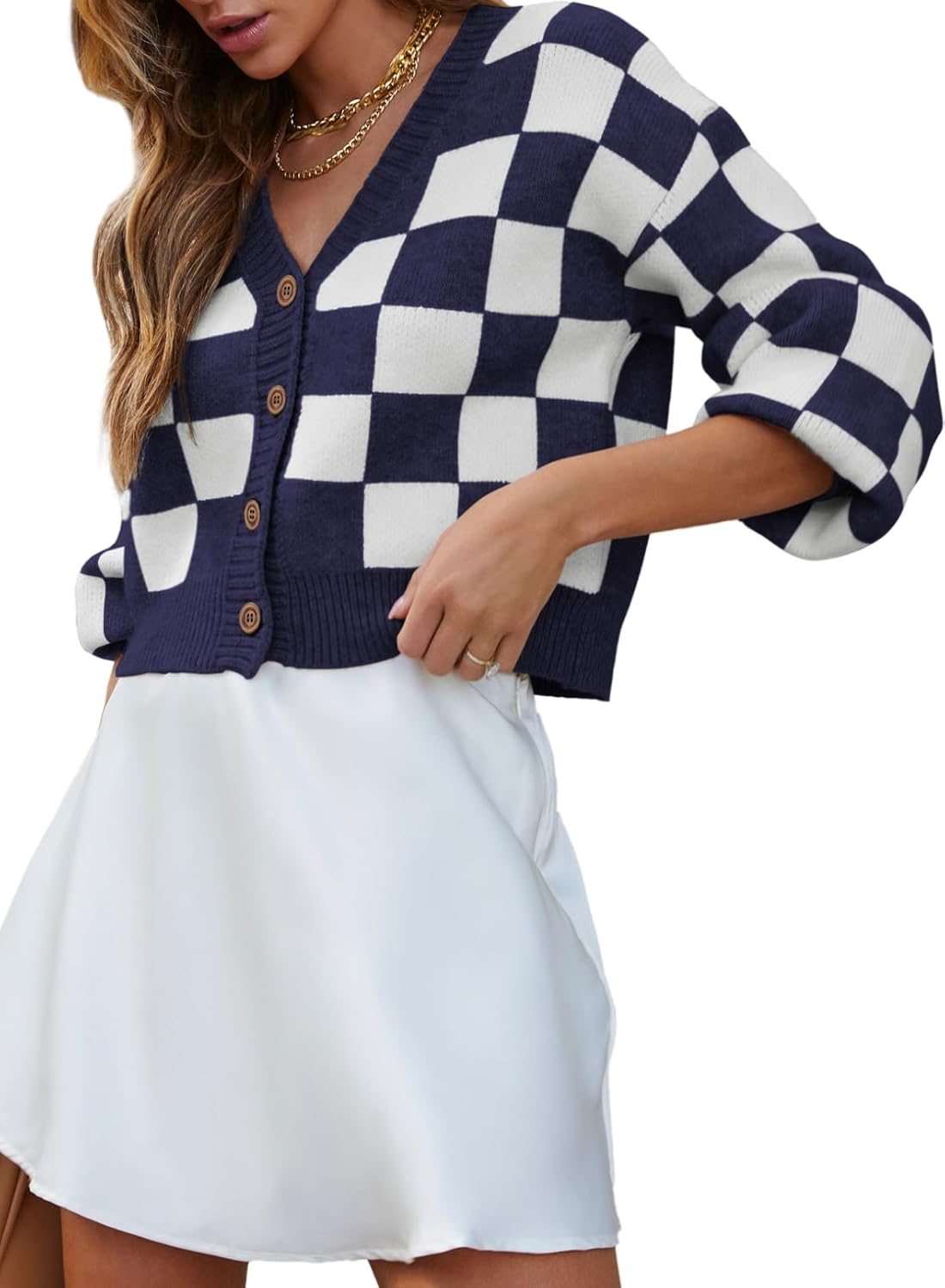 Stylish Checkered V Neck Button Down Cropped Cardigan for Women