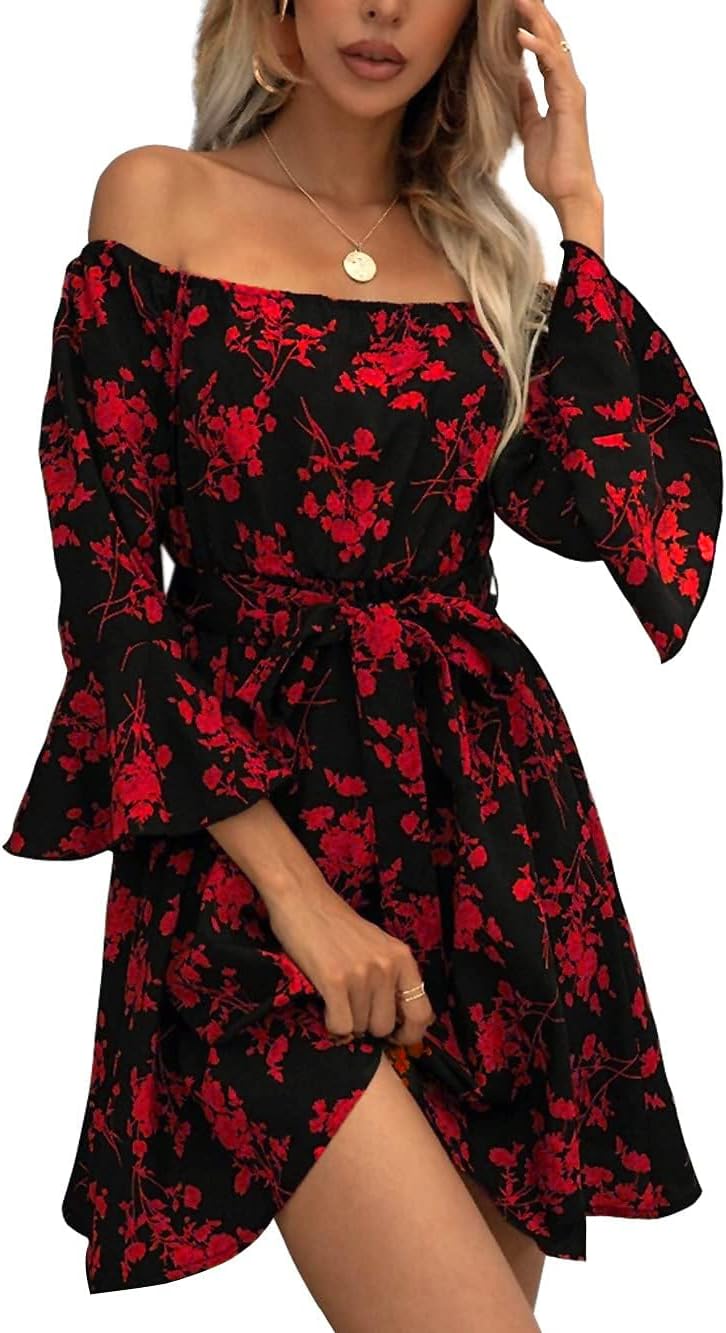 Womens Off Shoulder Ruffle Floral Summer Wedding Guest Dress