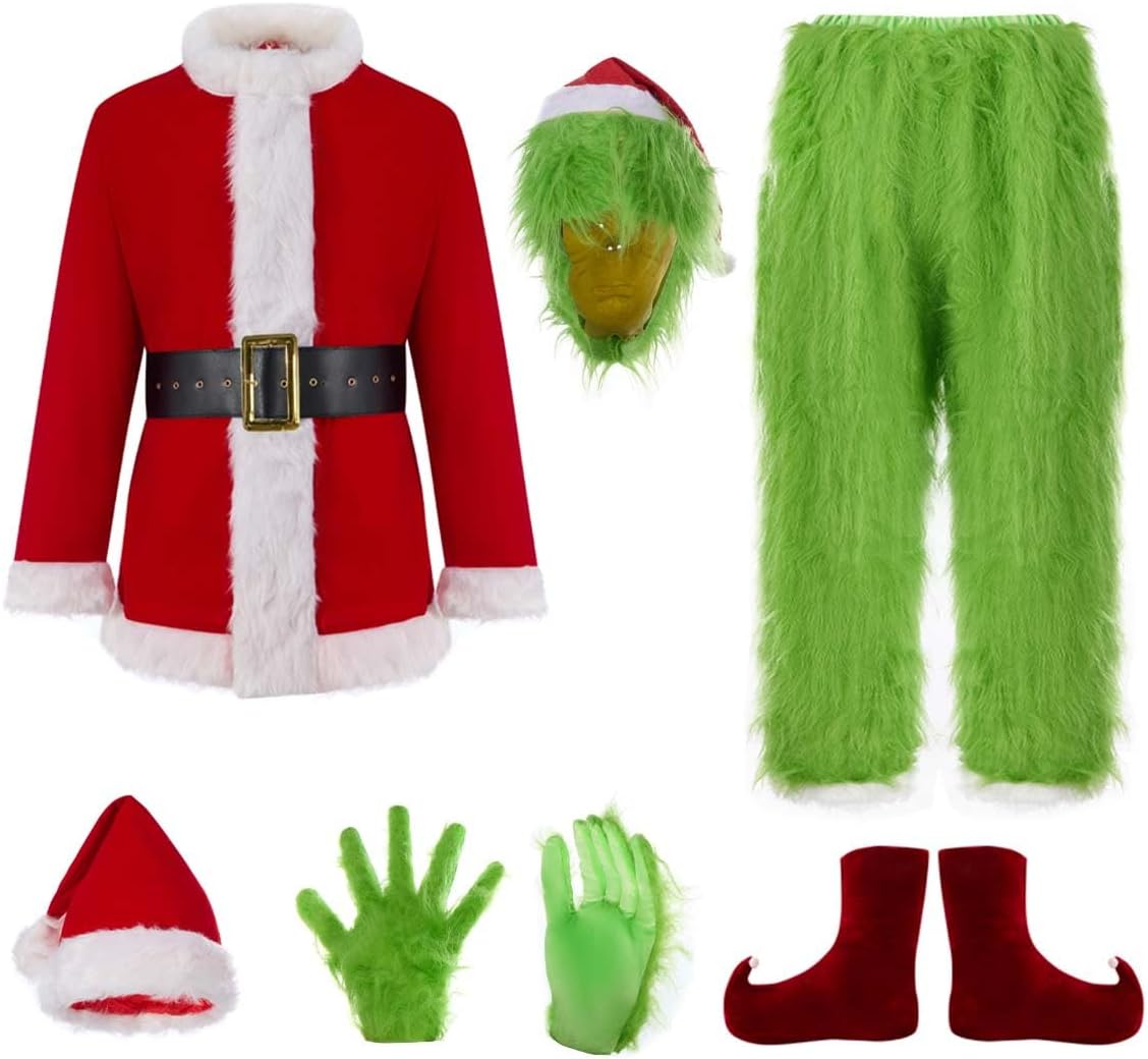 7PCS Christmas Costumes for Adults - Furry Santa Outfit Set
