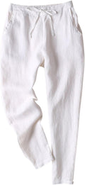 IXIMO Women's Tapered Linen Pants - Drawstring Ankle Trousers Casual