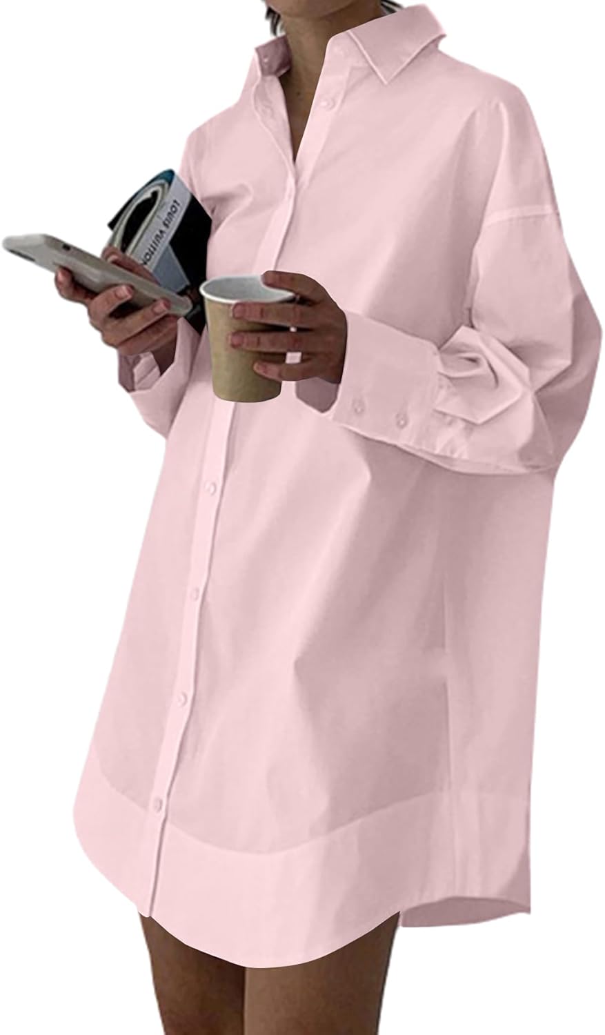 LYANER Women's Casual Shirt Dress with Collar V Neck Design