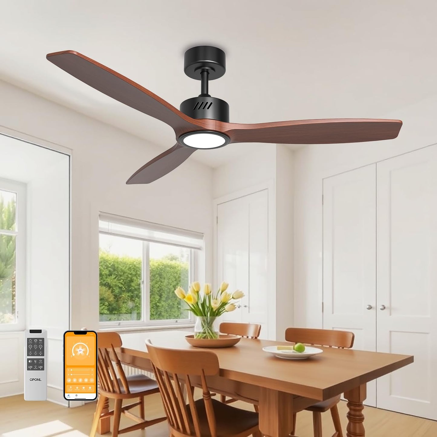 Natural Solid Wood Ceiling Fan with Light 52 Inch Remote Control