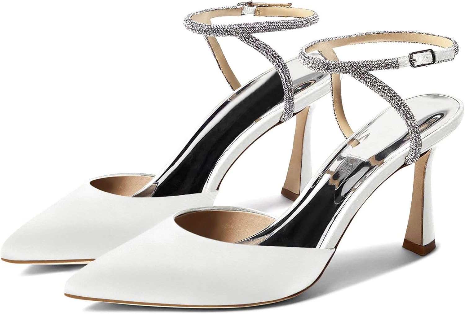 Coutgo Women Rhinestone Heels Kitten High Satin Pumps for Weddings