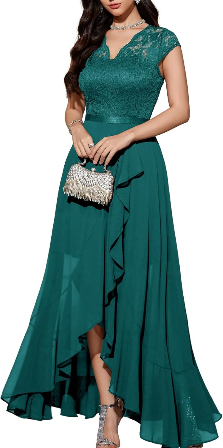 Elegant Hi-Lo Floral Lace V-Neck Dress for Wedding Guests