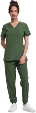Women's V-Neck Scrubs Top & Cargo Pants Set - 10 Pockets, 4 Way 3
