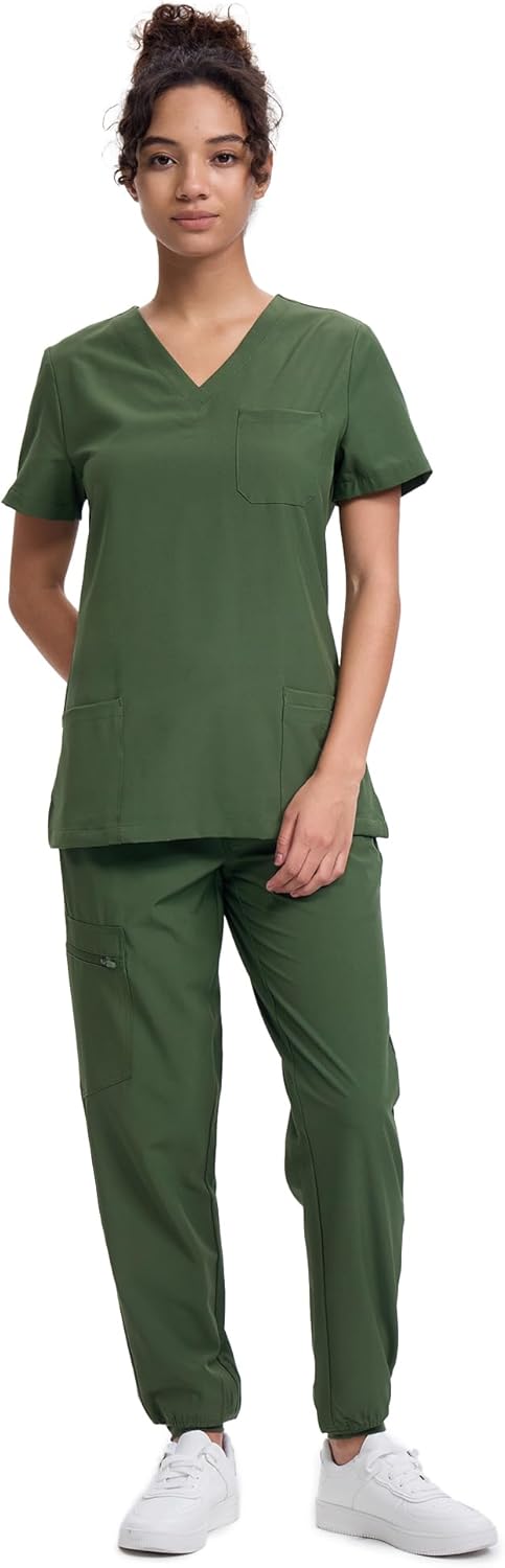 Women's V-Neck Scrubs Top & Cargo Pants Set with 10 Pockets