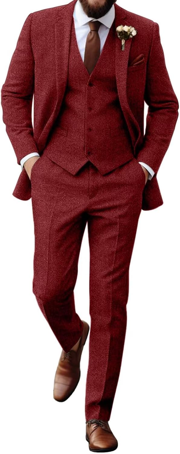 Retro Tweed Herringbone Suit for Men Slim Fit 3 Pieces Set