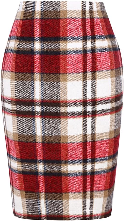 Womens Wool Plaid Pencil Skirt High Waisted Bodycon Midi Style