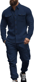 Men's Fleece Cargo Jacket Tracksuit Set - Warm Casual 2-Piece