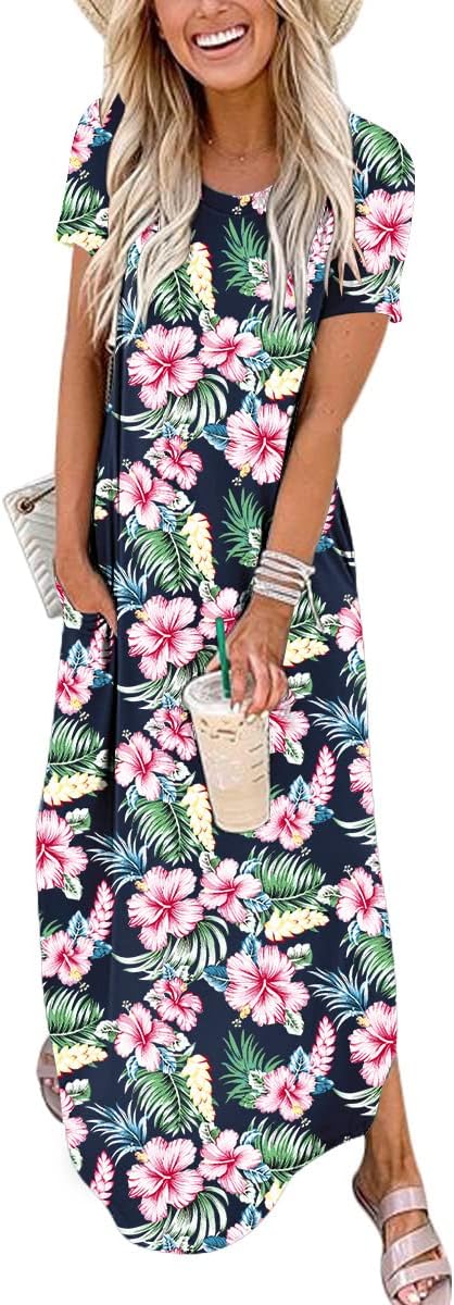 Womens Summer Maxi Dress Short Sleeve Casual Loose Long T Shirt