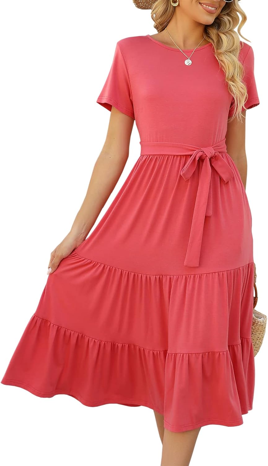 Lyrur Women's Casual Summer Tiered Midi Dress with Pockets