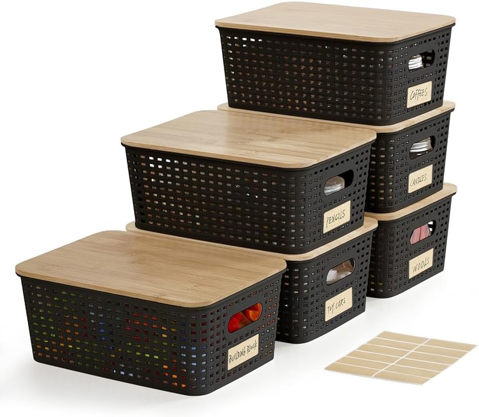 Small Plastic Storage Bins with Bamboo Lids for Organizing