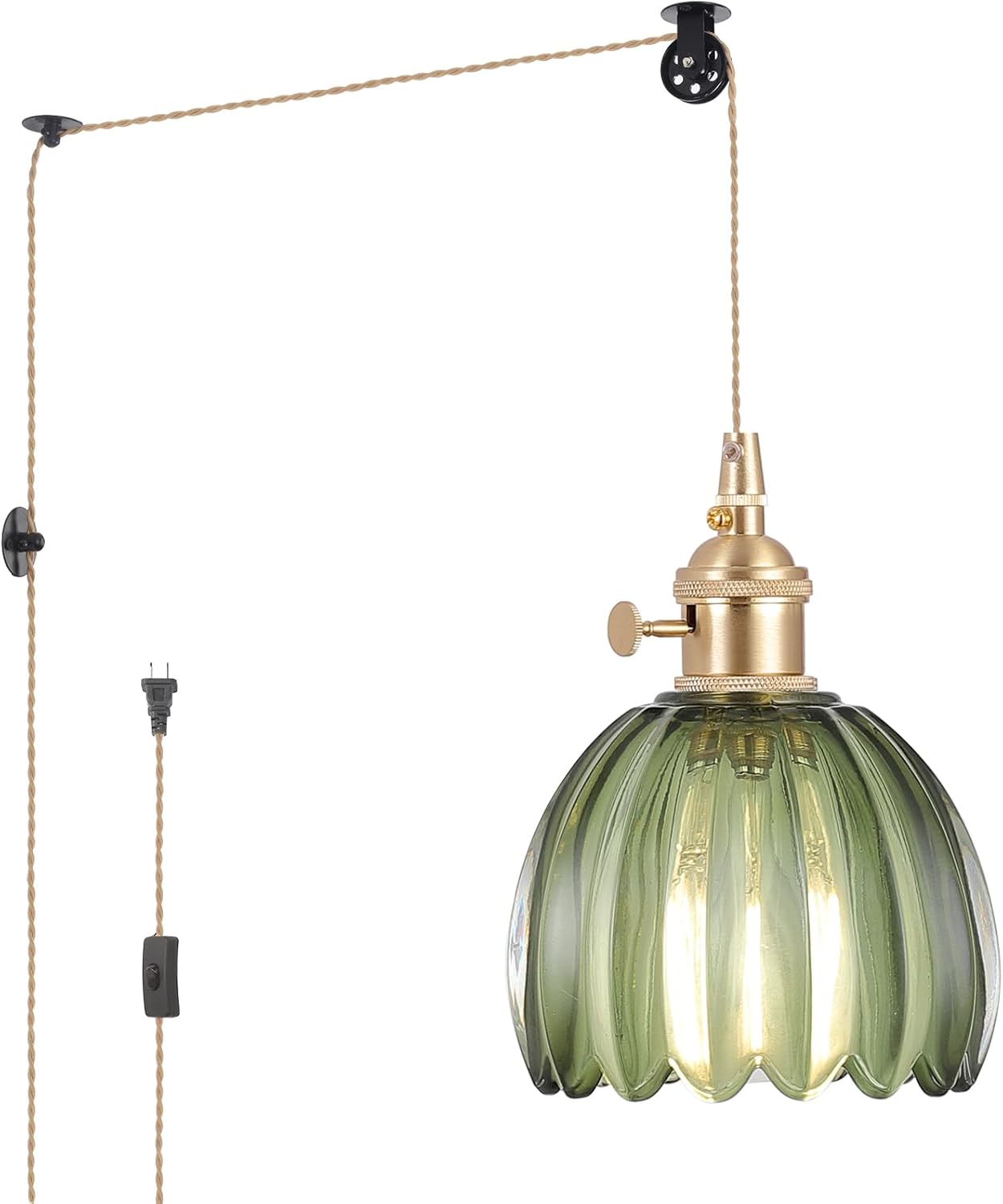 Mini Plug in Pendant Light with Green Tulip Glass Lampshade