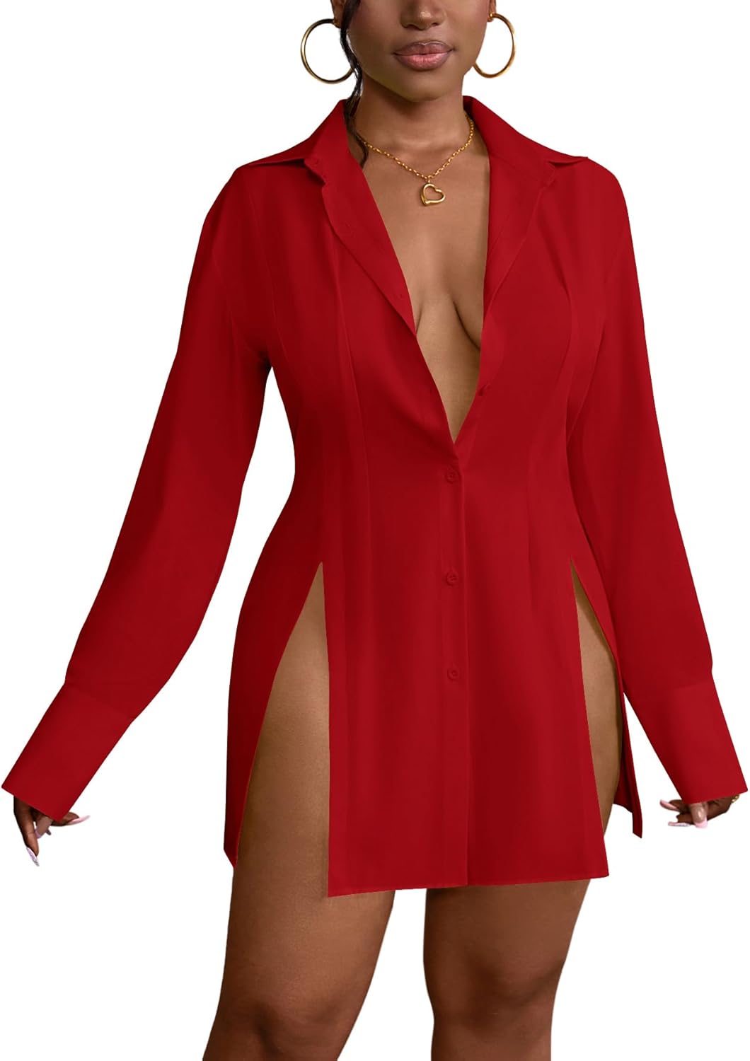 LYANER Women's Sexy V Neck Long Sleeve Button Down Shirt Dress