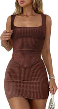 CHYRII Womens Sexy Two Piece Outfits Square Neck Mini Dress