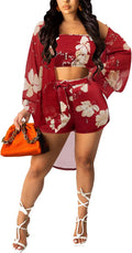 Women 3 Piece Floral Kimono Beach Cover Up Set - Soft Stretch