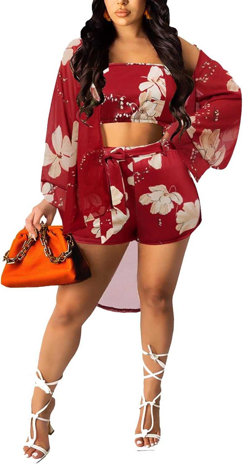 Women 3 Piece Vocation Outfits Summer Suit Floral Kimono Set