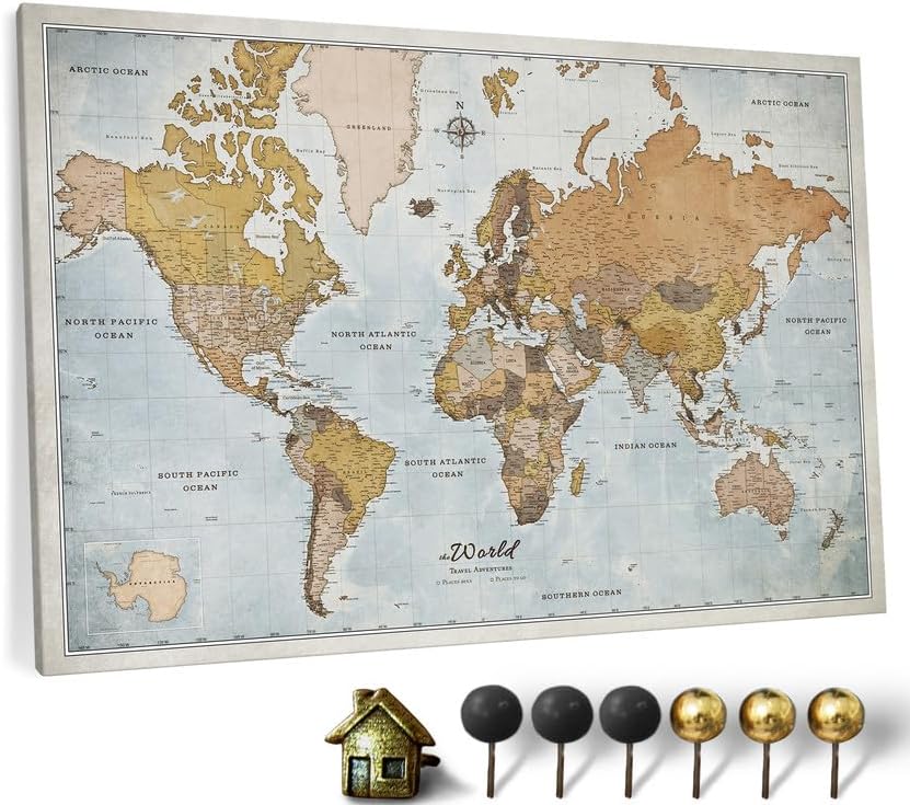 Canvas World Map with Cork Pin Board for Stylish Home Decor