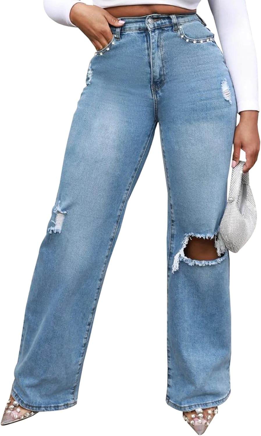 Women's Wide Leg Straight Jeans High Waisted Baggy Stretch Fit