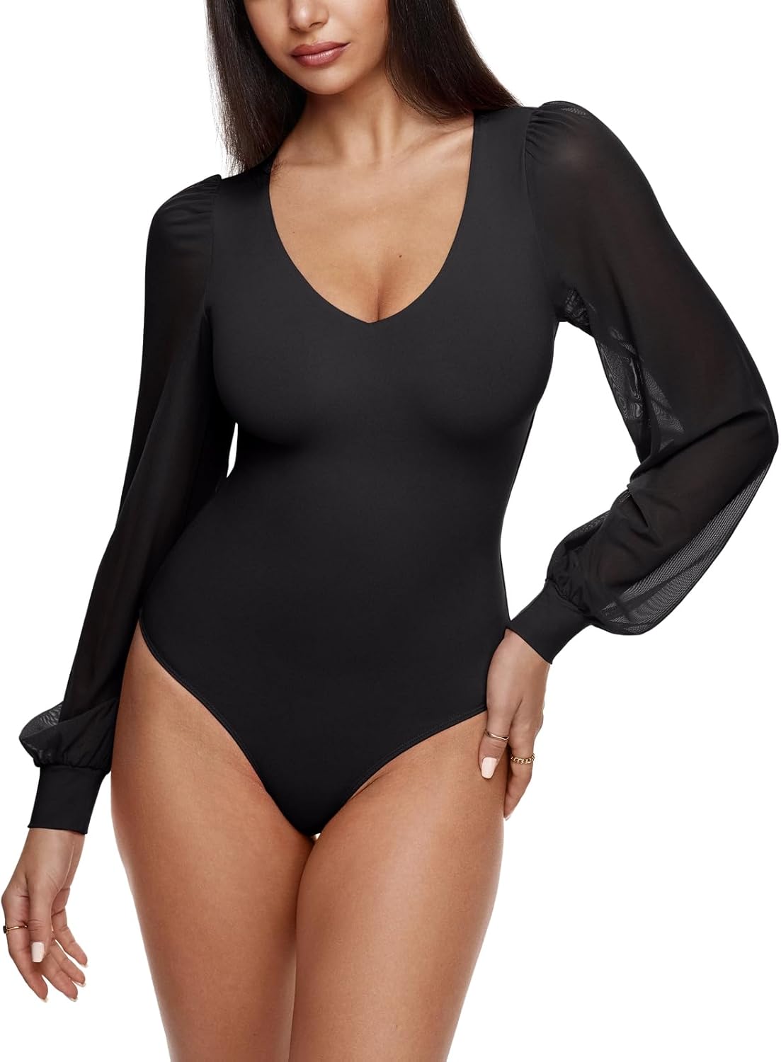 REORIA Womens Mesh Long Sleeve Bodysuit for Stylish Outfits