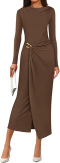 Women's Long Sleeve Ruched Midi Dress for Wedding Guests - Elegant Fit