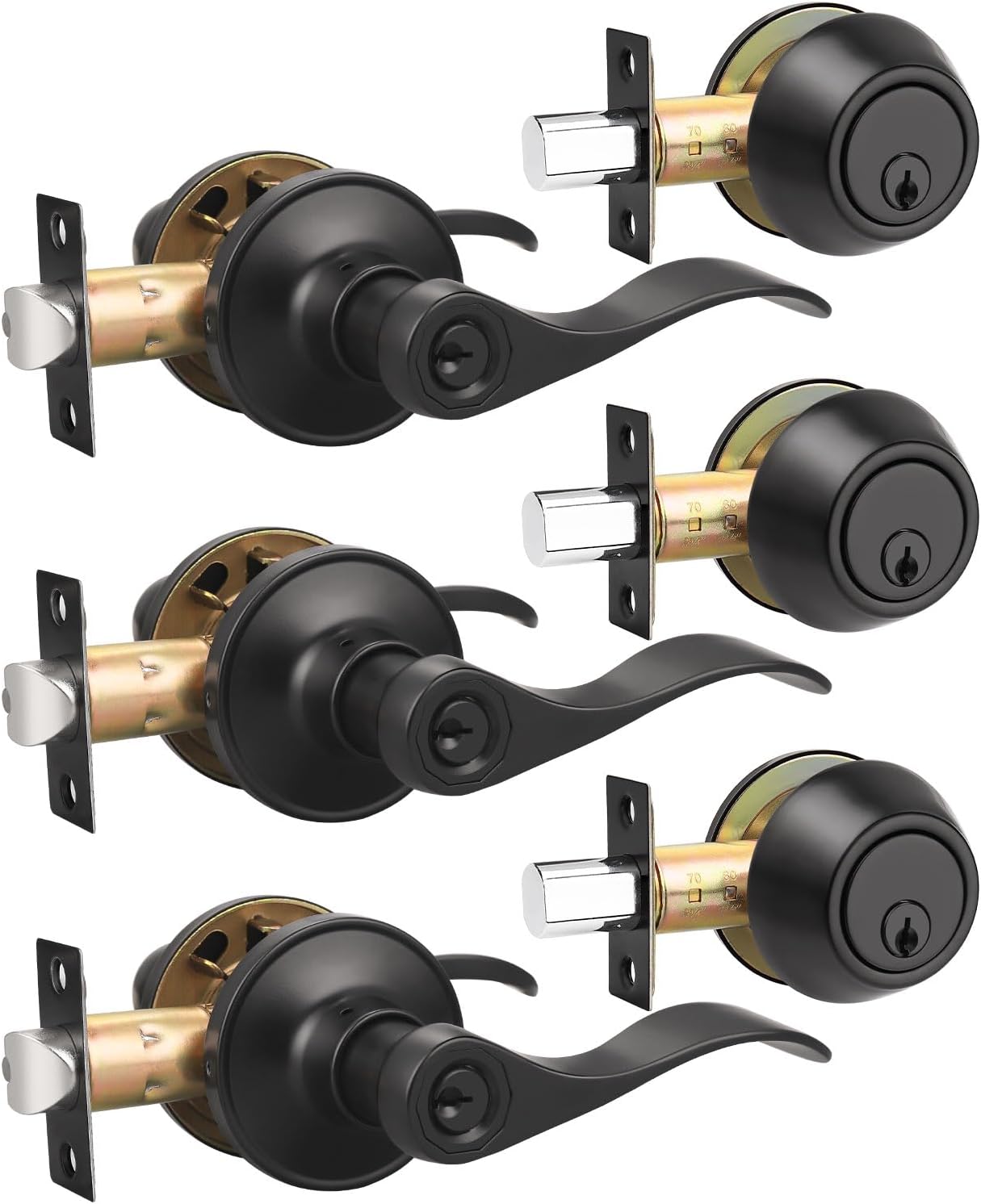 3 Pack Exterior Door Lever Lockset with Deadbolt in Matte Black
