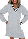 EVALESS Womens V Neck Long Sleeve Casual Tshirt Dress - Lightweight