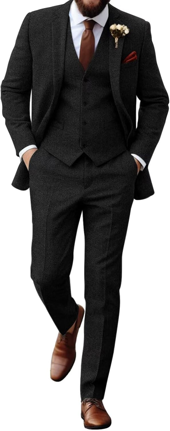 Retro Tweed Herringbone Suit for Men Slim Fit 3 Pieces Set