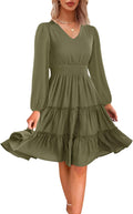 V Neck Smocked Waist Tiered Midi Dress - Flowy Everyday Workwear