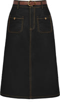Belle Poque Denim Skirt for Women - High Waisted Below Knee Belted
