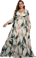 Plus Size Womens Floral V Neck Maxi Dress - Long Sleeve Elegant