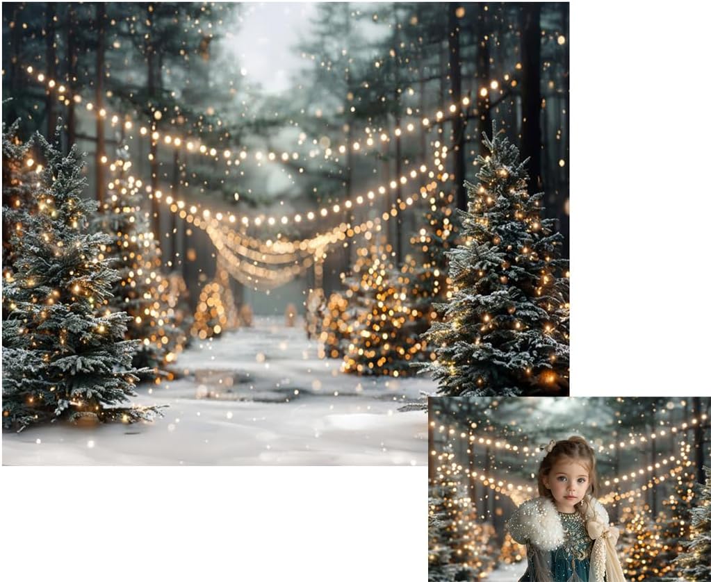 10x8ft Snowy Forest Christmas Tree Backdrop for Holiday Photos
