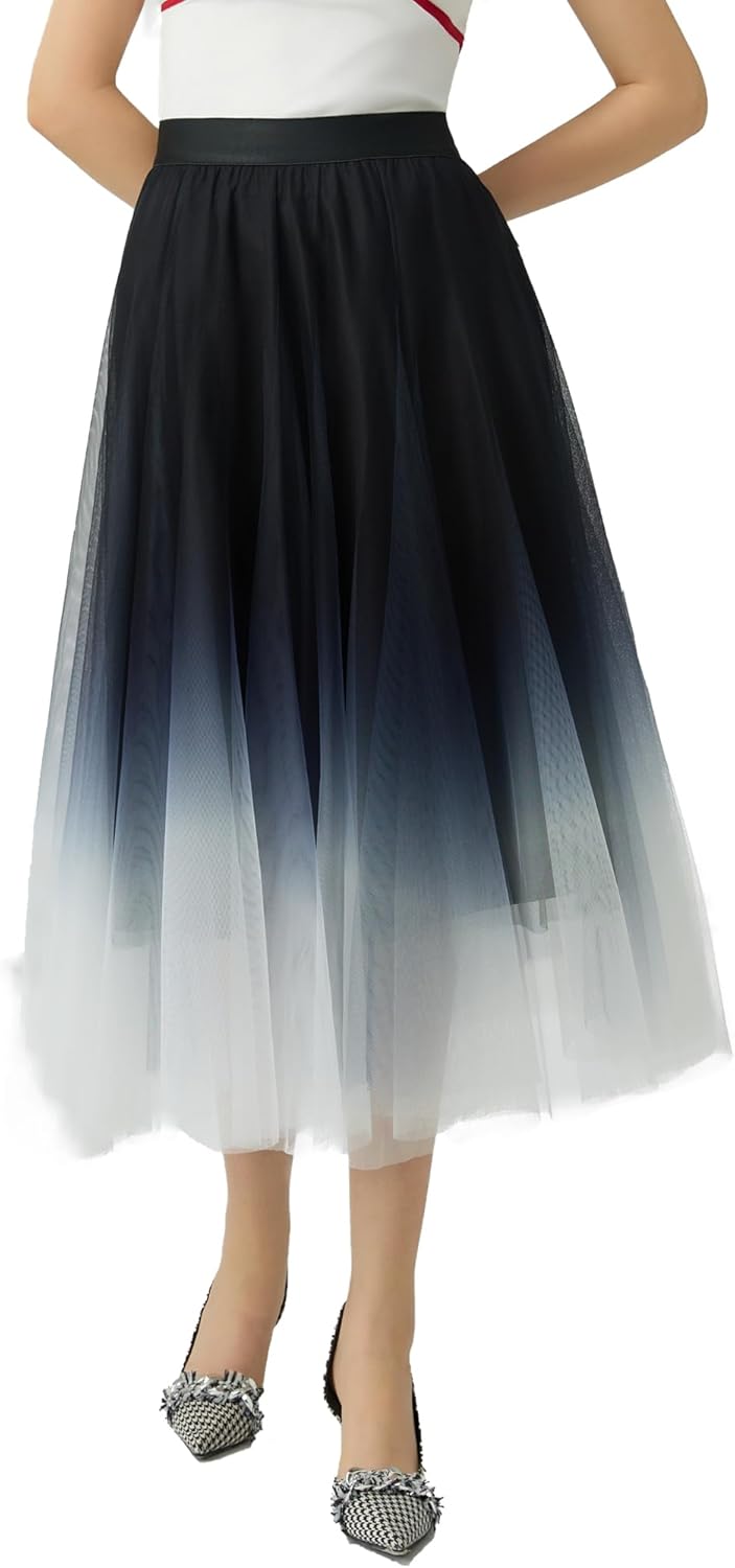 Womens Tulle Skirts Midi Elastic High Waist Pleated Mesh Flowy