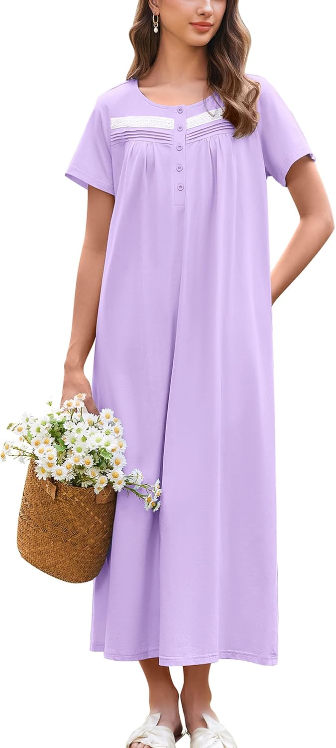 Ekouaer Cotton Long Nightgown with Pockets for Women Sleepwear