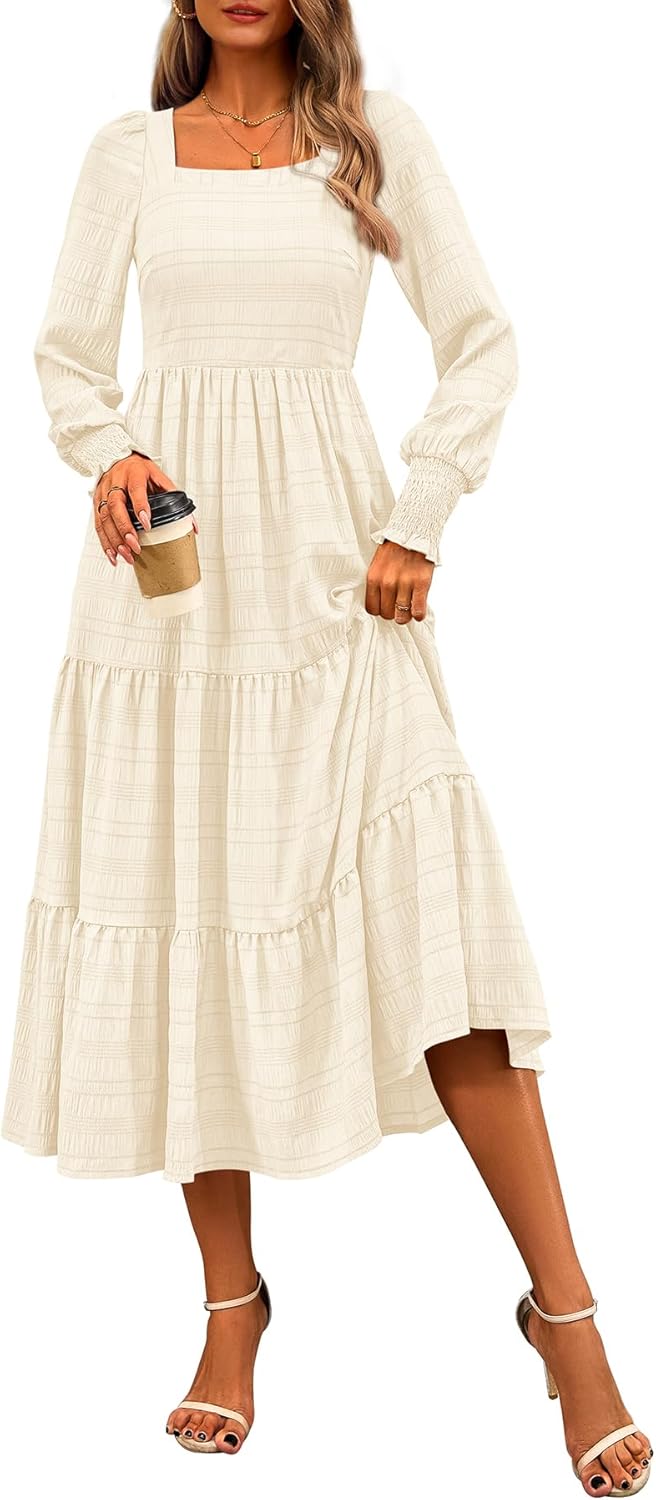 CFLONGE Women's Fall Dresses 2025 Puff Long Sleeve Maxi Dress