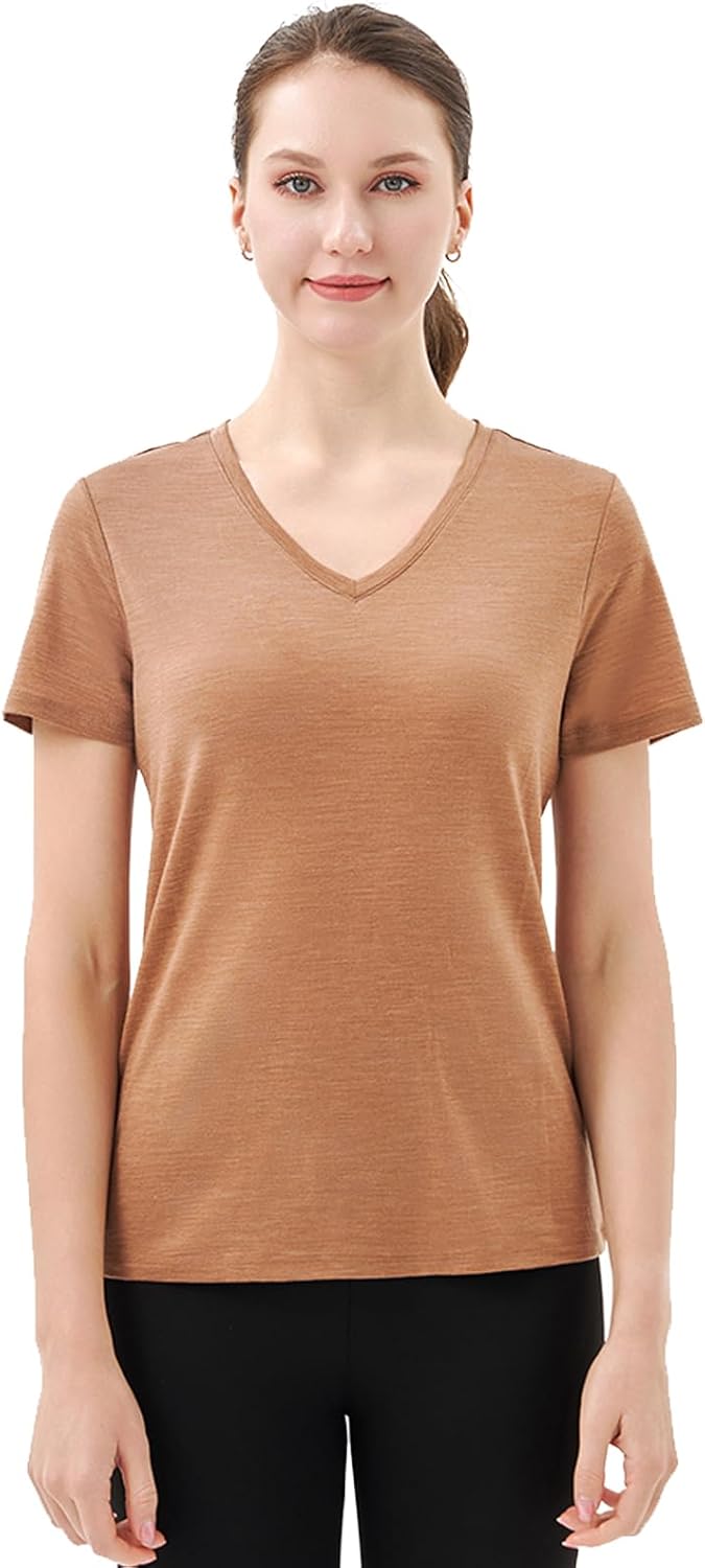 Merino Wool V Neck T-Shirt for Women - Odor Resistant Base Layer