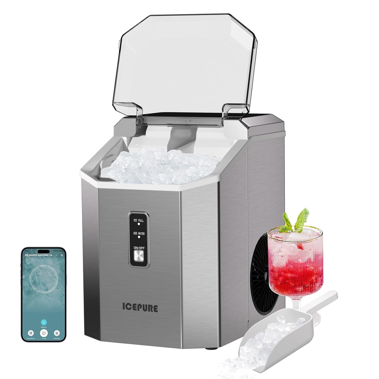 ICEPURE Nugget Ice Maker with App - Portable Countertop Machine