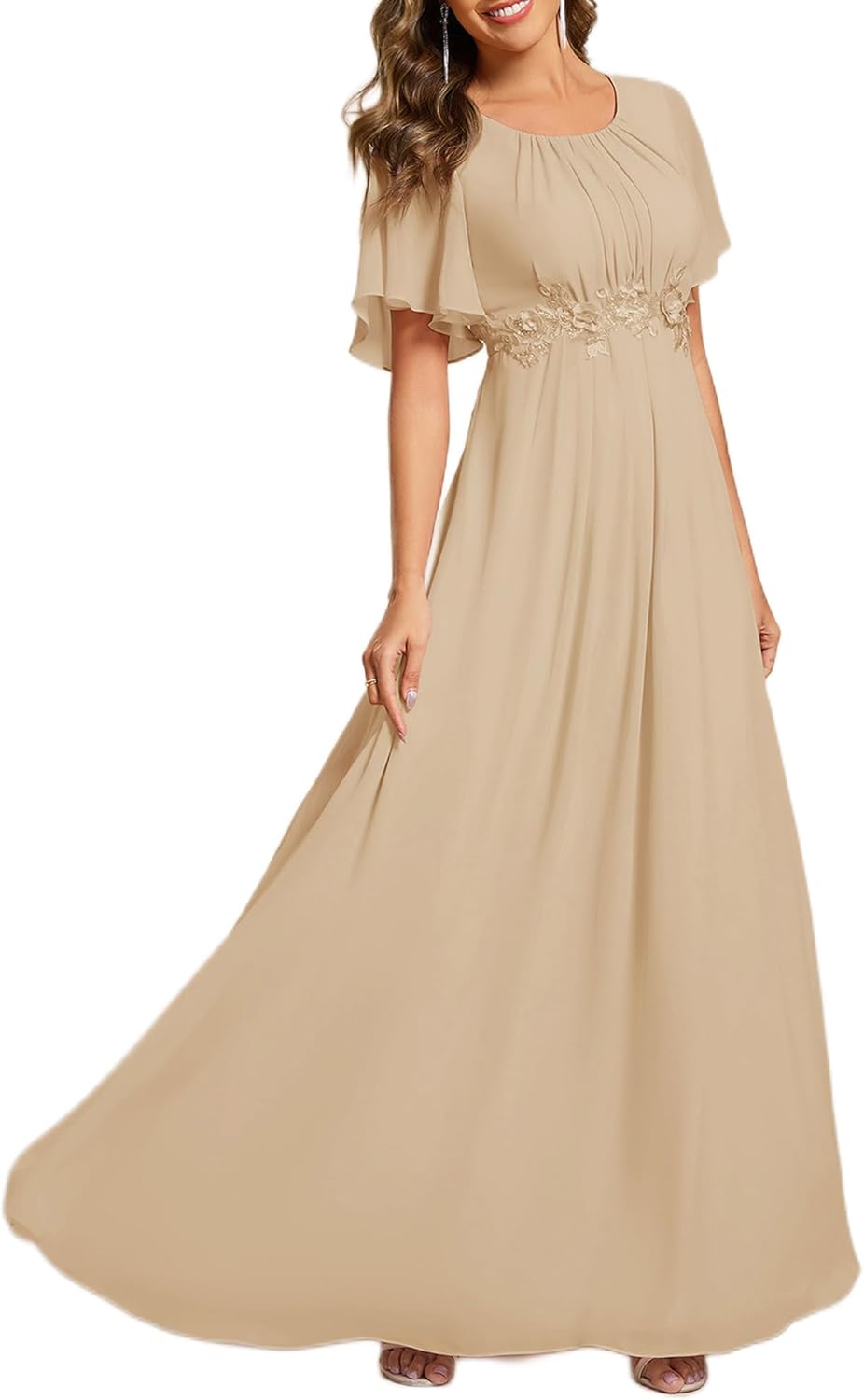 Elegant Floor Length A Line Evening Dress with Ruffle Sleeves