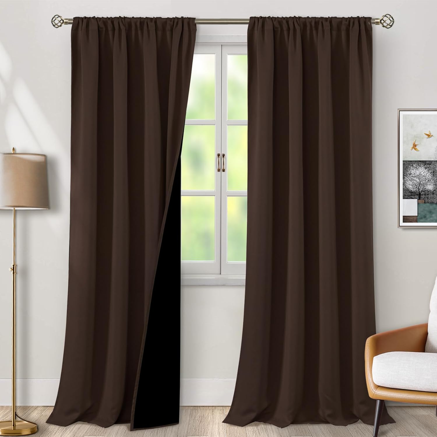 100% Blackout Curtains for Living Room, 95 Inch Length, Brown