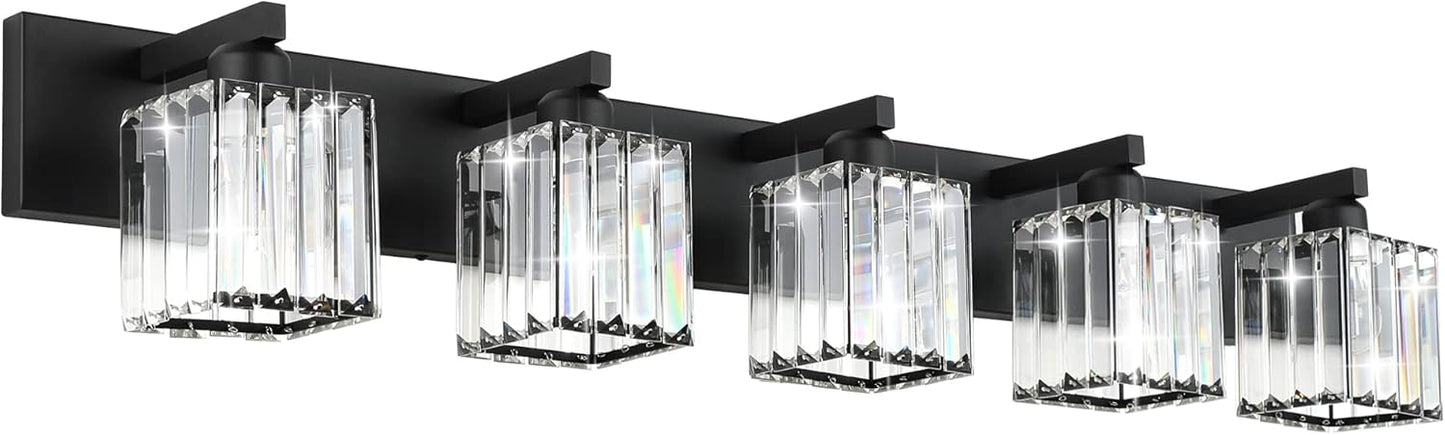Modern 5 Light Crystal Bathroom Vanity Light Fixture in Black